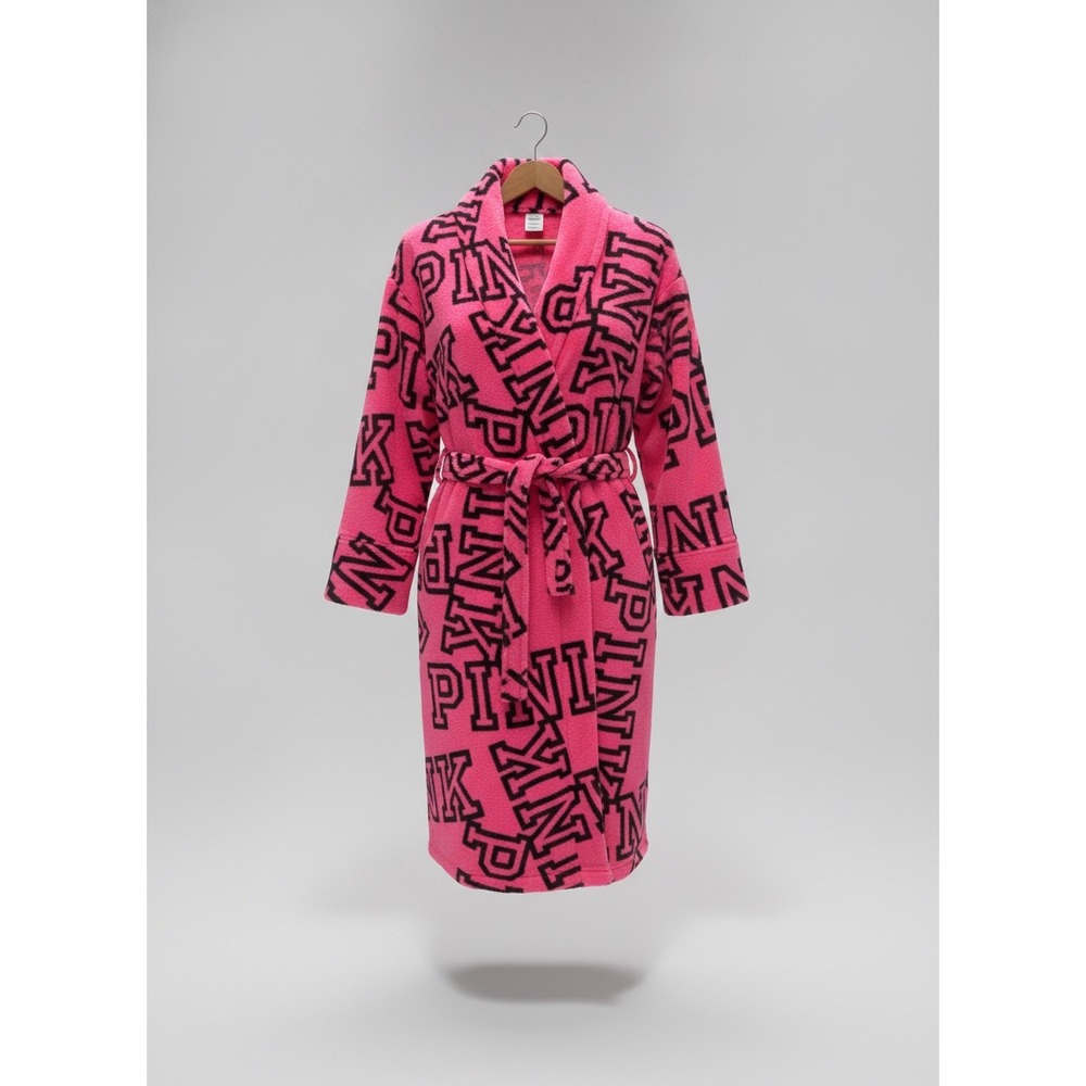 Victoria's Secret PINK Robe Neon Pink Black Logo Plush Fleece M/L Loungewear